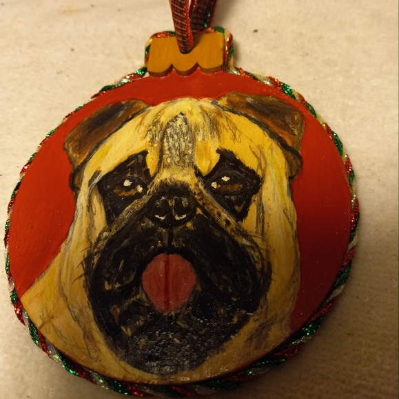 Handpainted&handmade on wood pug breed ornament with hanging ribbon. - Picture 2 of 2